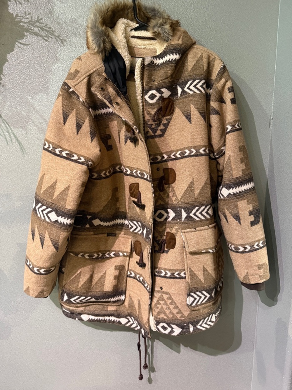 Legendary Whitetails Tan and Brown Aztec-Pattern Pea Coat with Faux Fur Hood